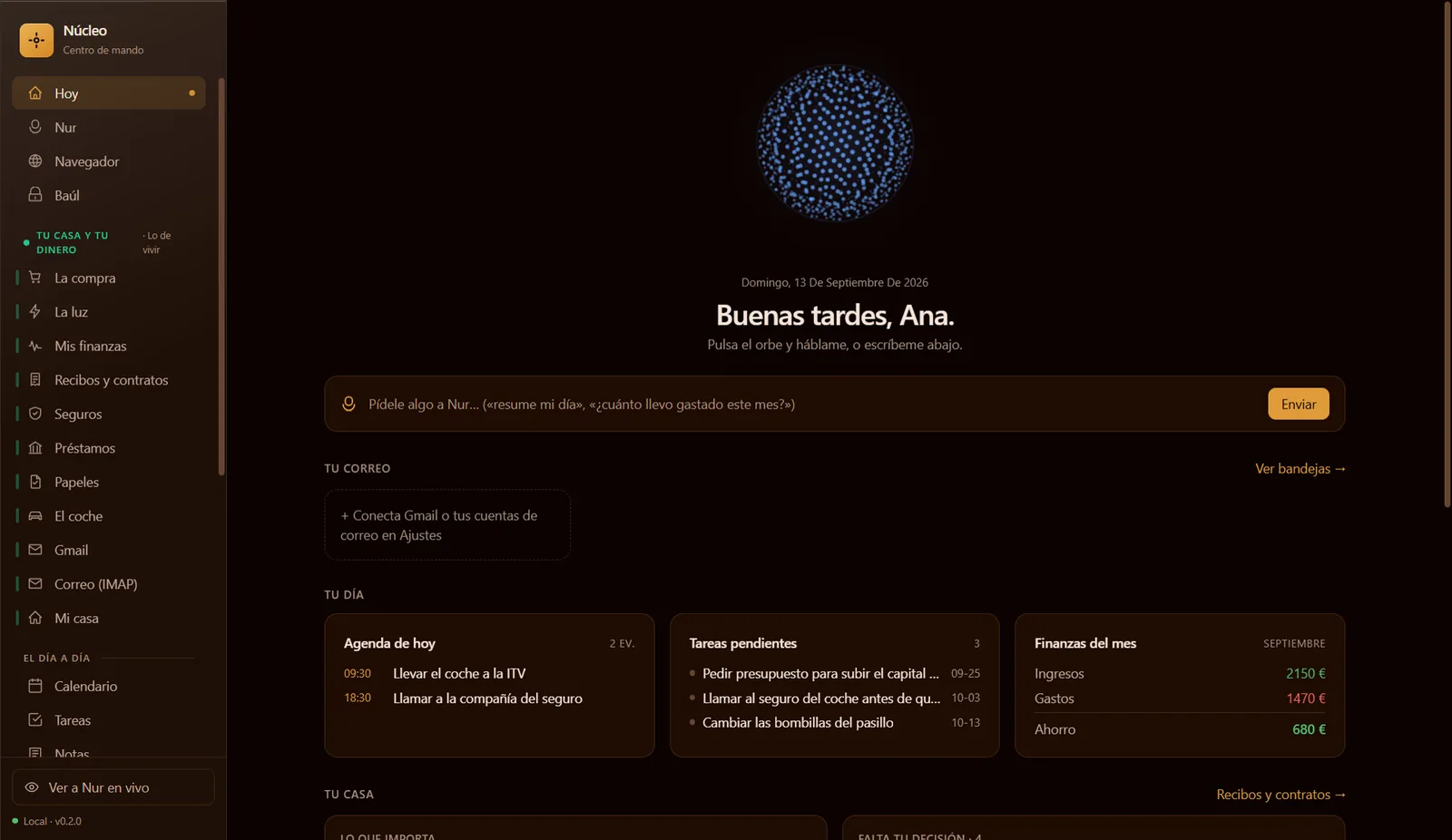 Pantalla de inicio de Núcleo con la agenda, las tareas y el mes